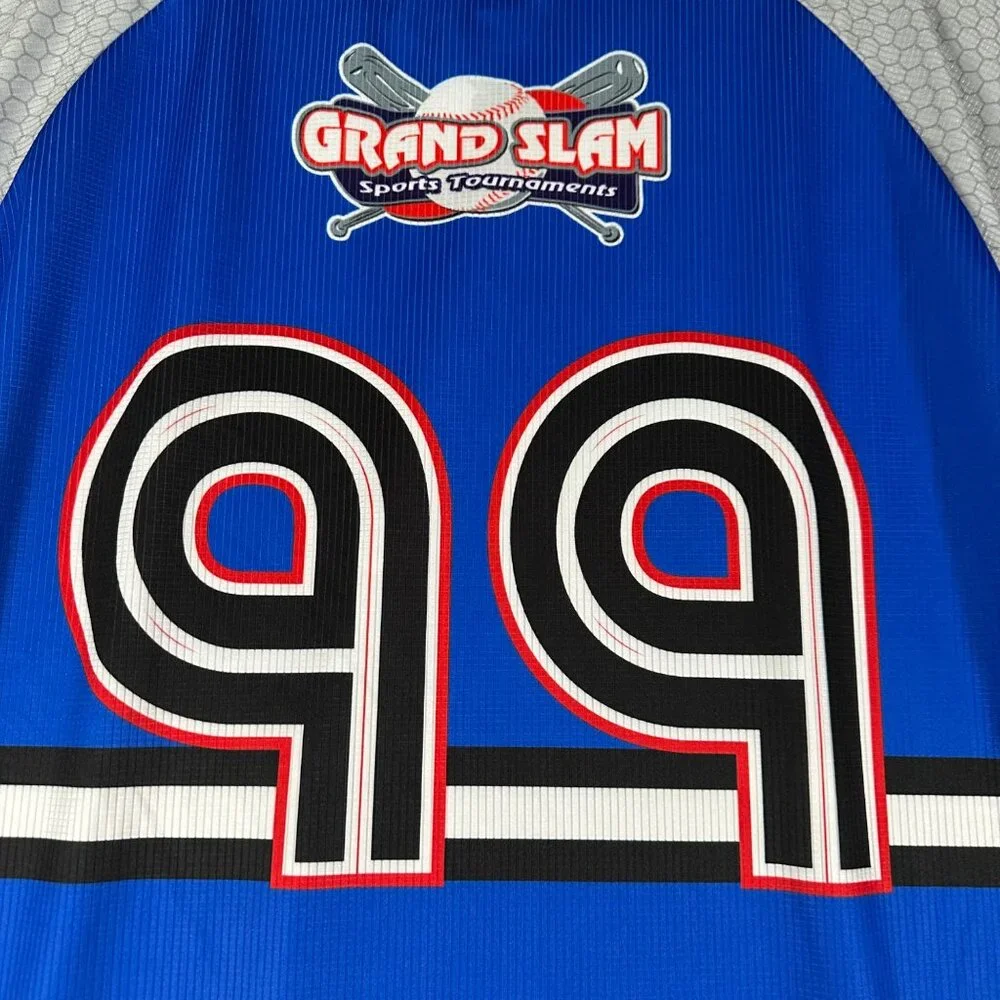Mizuno Mens 2XL Blue Gray Pullover Grand Slam Night‎ Owls 99 Short Sleeve Jersey